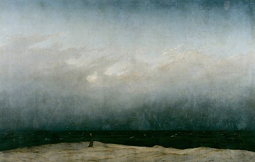 Der Mönch am Meer, ein BIld von Caspat David Friedrich. Einsam steht ein Mönch am Strand und blickt auf das Im Dunkel liegende weite Meer